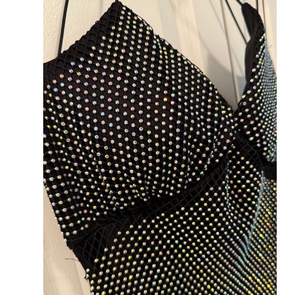 Crystal Doll M Vintage 90's Fishnet RHINESTONE Strappy Gown Bodycon Dress Black - Picture 3 of 10